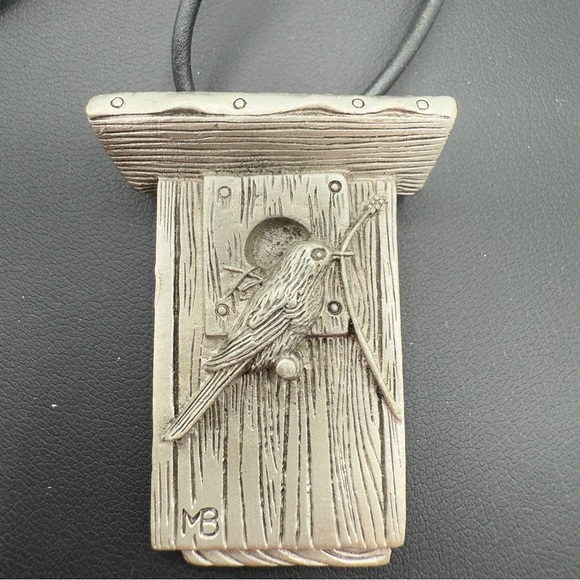 MB Signed Pewter Birdhouse Pendant Necklace - Vintage Hallmark - Picture 1 of 11